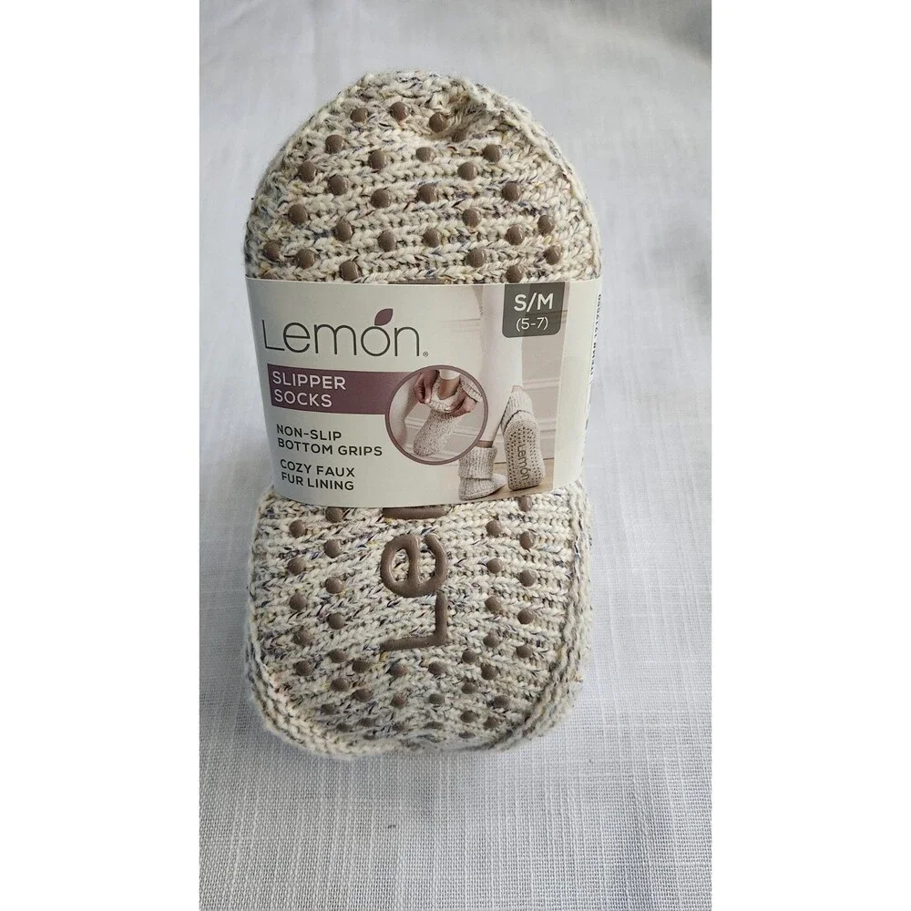 Lemon Women's S/M 5-7 Knitted Slipper Socks Non-Slip Cozy Faux Fur Lining NWT B4